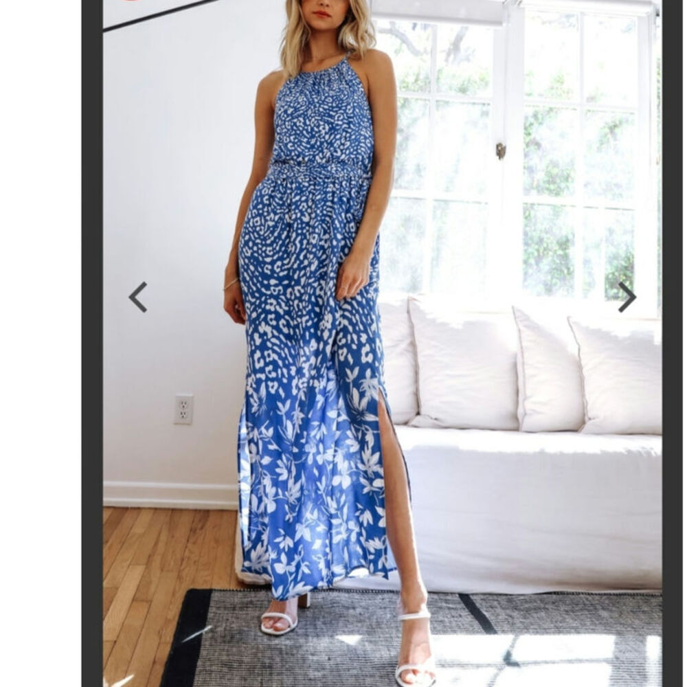 Skies Are Blue Maxi Dress Women S‎ Blue NEW Floral Animal Print Halter Slit Boho